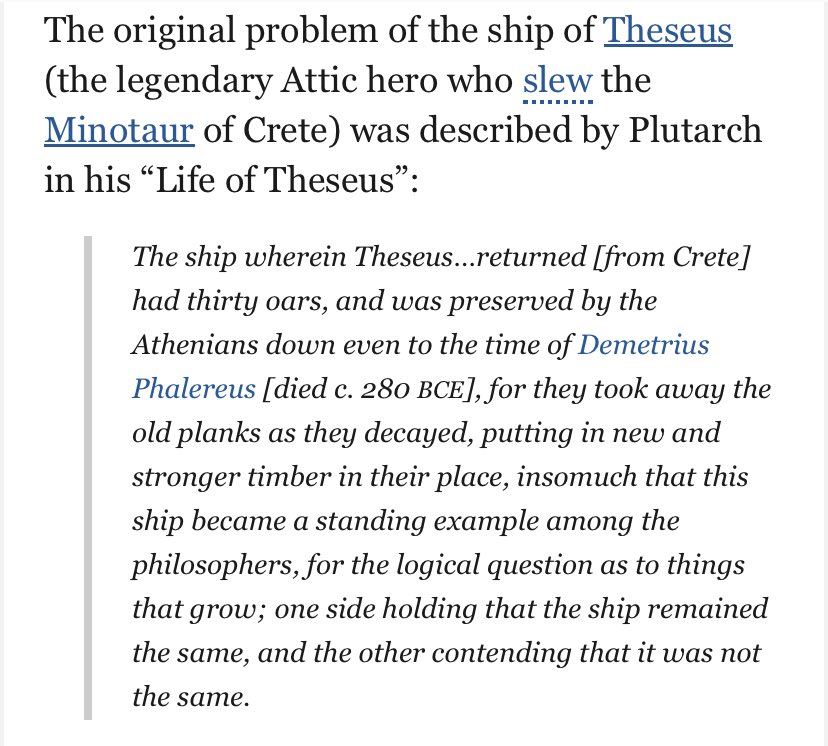 MWC_author's tweet image. Reading the “Ship of Theseus” thought experiment today, I contemplated whether it applied to nations.
Once all the old planks (old citizens) are replaced with new planks (new citizens), is it the same ship (old nation) or new ship (new nation)?
What do you think? 🤔
Source:…