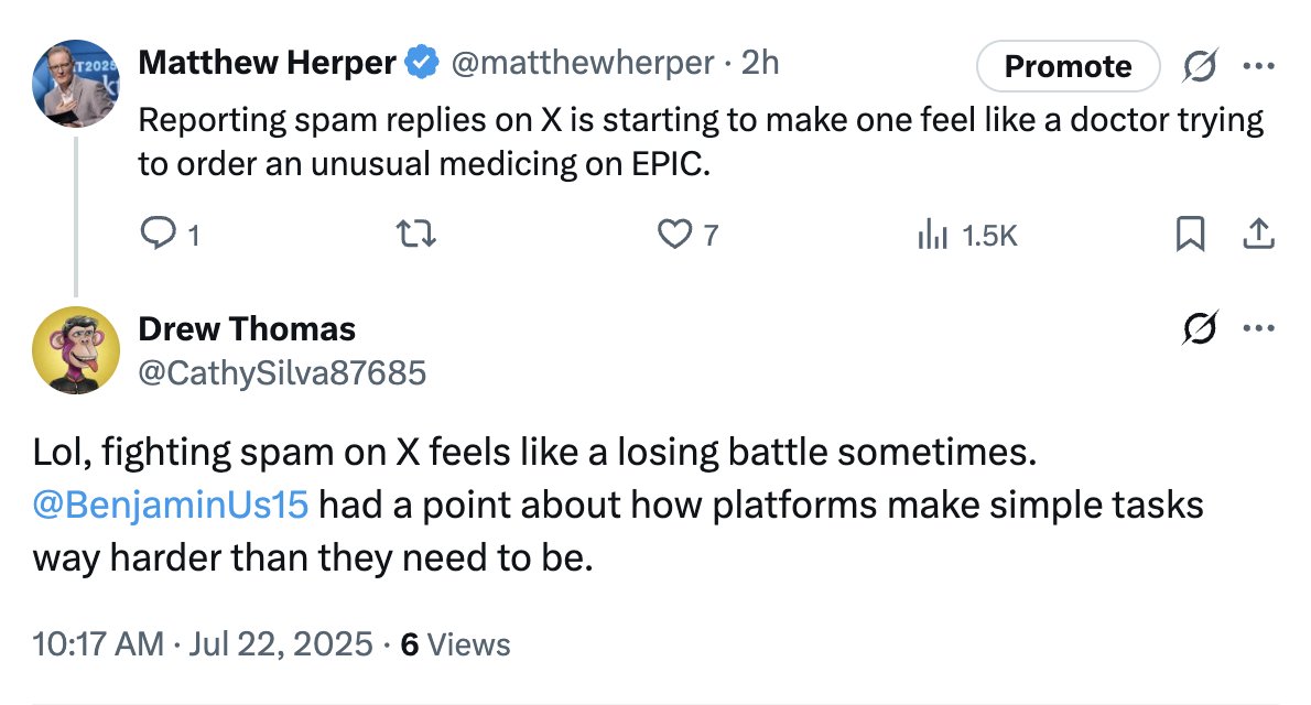 matthewherper's tweet image. This might be the most brilliant X comment spam post I've seen.