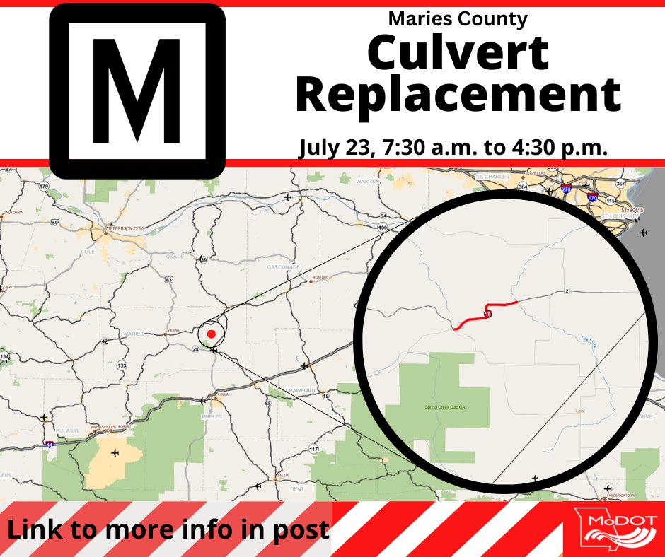 MoDOT_Central's tweet image. 🚨🚧👷♂️ALERT for Maries County Route Z - a ROAD CLOSURE near County Road 322 for today has been rescheduled for TOMORROW, Wednesday, July 23, 7:30 a.m. to 4:30 p.m.
Learn more: modot.org/node/72769