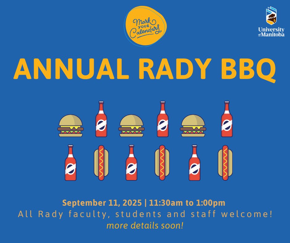 🍔🌭 Annual Rady BBQ Alert! 🌭🍔
Rady faculty, staff &amp; residents — kick off the Academic Year at the Annual Rady BBQ.  
📅 Sept. 11, 2025
🕦 11:30 AM – 1:00 PM
🖊️ Registration required
Don't miss out on this tasty tradition! 
#UMCommunity #UMRady #PGME #UManitoba #MedEd #BBQ