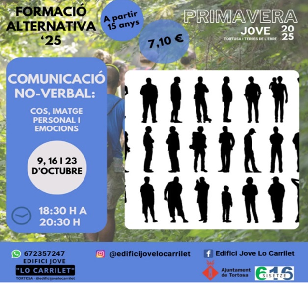📢 TALLER DE COMUNICACIÓ NO VERBAL      
Taller pràctic per ser més conscient del cos,  gestos i  aparença, així com a gestionar  les emocions t
📩 escriu al 672 357 247.
📆 Dijous 9, 16 i 23 d’octubre
⏰ De 18:30h-20:30h
📍Edifici jove lo carrilet
🪙 7,10€
#comunicacionoverbal