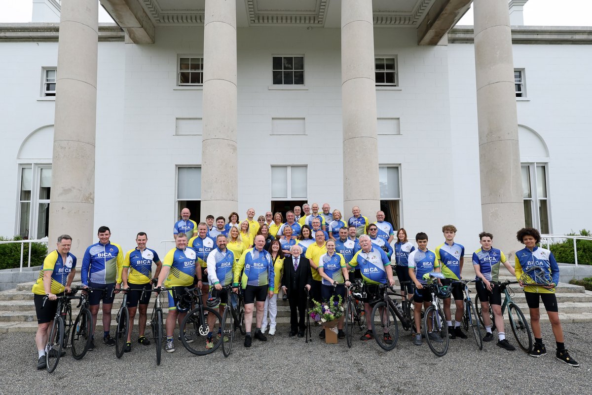 PresidentIRL's tweet image. President Michael D. Higgins today received members of the Birmingham Irish Cycle Appeal at Áras an Uachtaráin. The group are currently touring the east coast, from the Giant’s Causeway to Blarney Castle, covering 600 miles along some of Ireland's most breathtaking landscapes