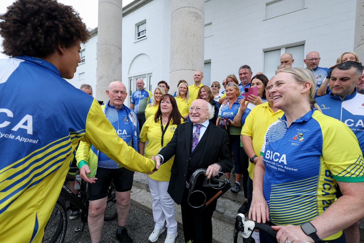PresidentIRL's tweet image. President Michael D. Higgins today received members of the Birmingham Irish Cycle Appeal at Áras an Uachtaráin. The group are currently touring the east coast, from the Giant’s Causeway to Blarney Castle, covering 600 miles along some of Ireland's most breathtaking landscapes