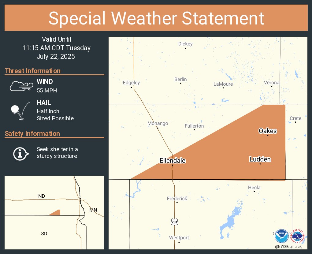 NWSBismarck's tweet image. A special weather statement has been issued for Oakes ND, Ellendale ND and Ludden ND until 11:15 AM CDT