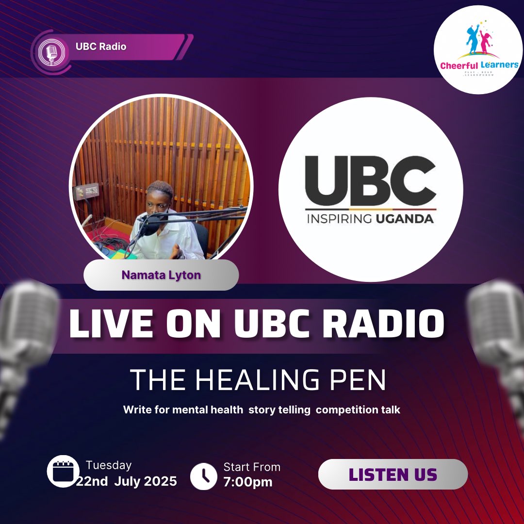 NamataLyton's tweet image. Stories heal. Voices matter.🖋️
Join me live on UBC Radio this Tuesday, 22nd July at 7:00 PM as we talk about #TheHealingPen — a storytelling & writing competition for mental health awareness.
Let’s write. Let’s heal. Let’s speak. @ubctvuganda @JuliusKizito10 @MugaluNathan