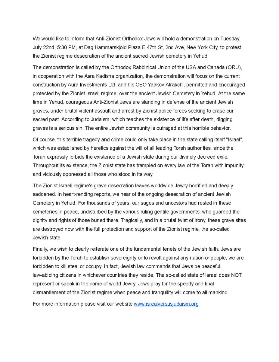 voiceofrabbis's tweet image. Press Release:
TODAY: Hundreds of Orthodox Jews will rally in protest against the Zionist regime’s desecration of a sacred centuries-old Jewish cemetery in Yehud.
This blatant act of sacrilege by the Israel heretical government has outraged Torah-faithful Jews around the world.…