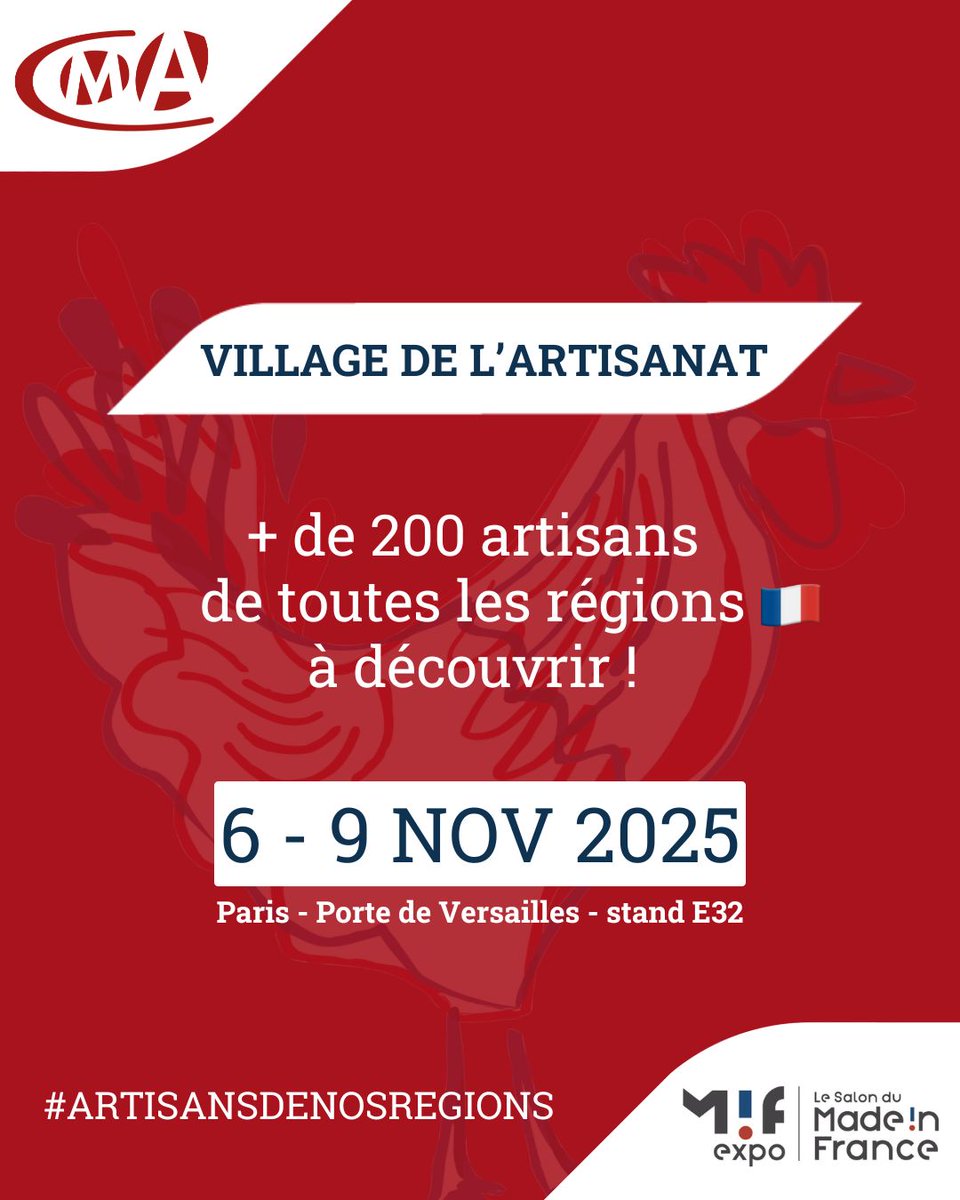 CMA France (@cmafrance_) on Twitter photo ✅ Le réseau #CMA, 1er partenaire du salon <a href="/MIF_Expo/">MIF Expo - Le Salon du Made in France</a> avec un pavillon 100% #artisanat : le 𝑽𝒊𝒍𝒍𝒂𝒈𝒆 𝒅𝒆 𝒍’𝒂𝒓𝒕𝒊𝒔𝒂𝒏𝒂𝒕 qui réunit une nouvelle fois plus de 200 artisans de toute la France 🇫🇷 : soyez au rendez-vous !
#ArtisansdelaNouvelleEconomie ✅ Le réseau #CMA, 1er partenaire du salon <a href="/MIF_Expo/">MIF Expo - Le Salon du Made in France</a> avec un pavillon 100% #artisanat : le 𝑽𝒊𝒍𝒍𝒂𝒈𝒆 𝒅𝒆 𝒍’𝒂𝒓𝒕𝒊𝒔𝒂𝒏𝒂𝒕 qui réunit une nouvelle fois plus de 200 artisans de toute la France 🇫🇷 : soyez au rendez-vous !
#ArtisansdelaNouvelleEconomie