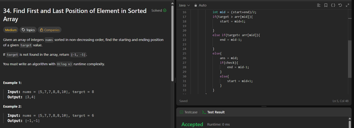 AnonymousMr_7's tweet photo. Binary Search Mastery!
Solved “Find First and Last Position of Element in Sorted Array”
🔥 Runtime: 0 ms — Beat 100%

#100DaysOfCode #LeetCode #DSA #Java #CodingJourney #TechTwitter #BinarySearch https://t.co/ZQBLnLsiui