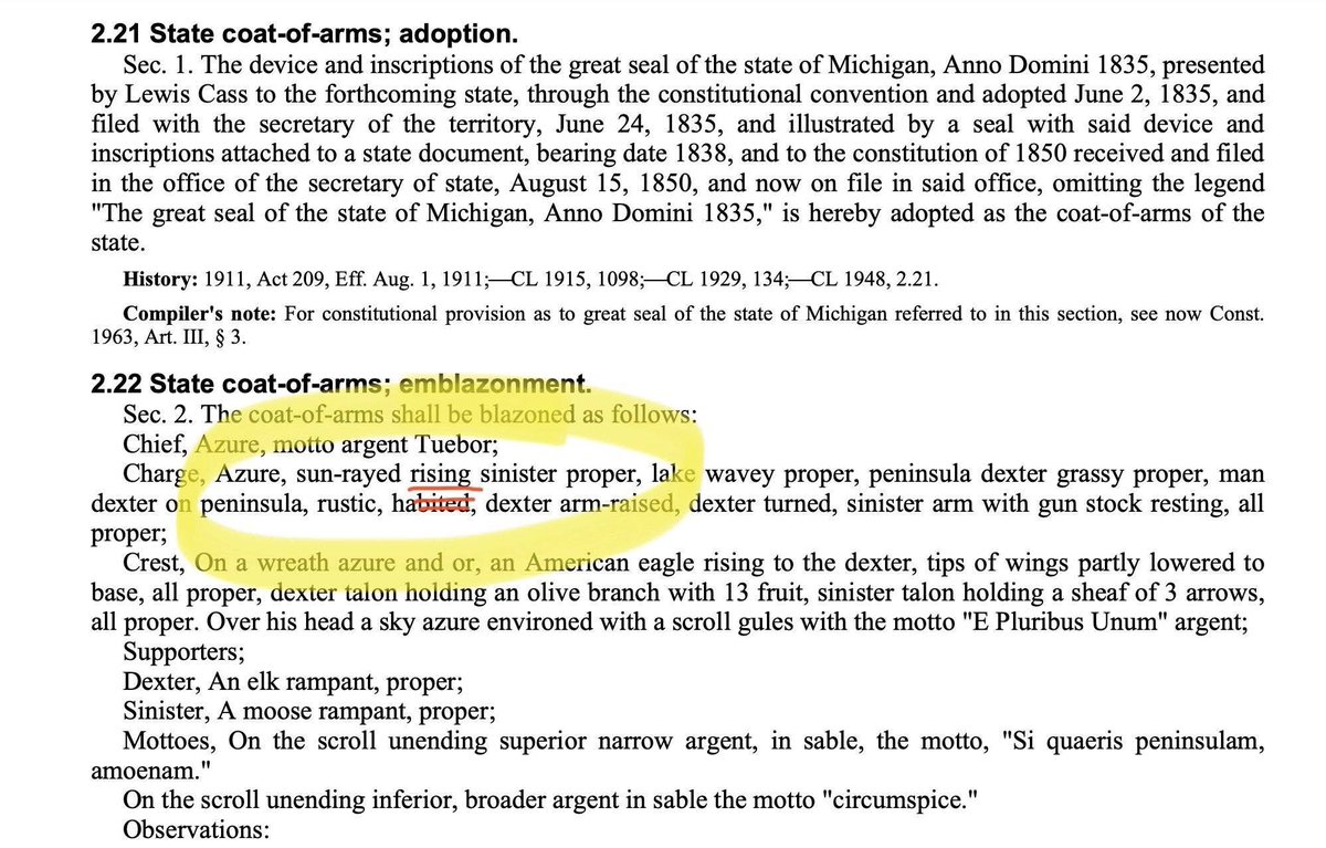BugsySailor's tweet image. Did you know the Flag of Michigan and coat-of-arms features a sunrise?
"But, Bugsy, you’re biased. How do you know it’s not a sunset?"
Because of the Coat-of-Arms and Flag Act 209 of 1911.
“Charge, Azure, sun-rayed rising sinister proper…”
Just sayin’