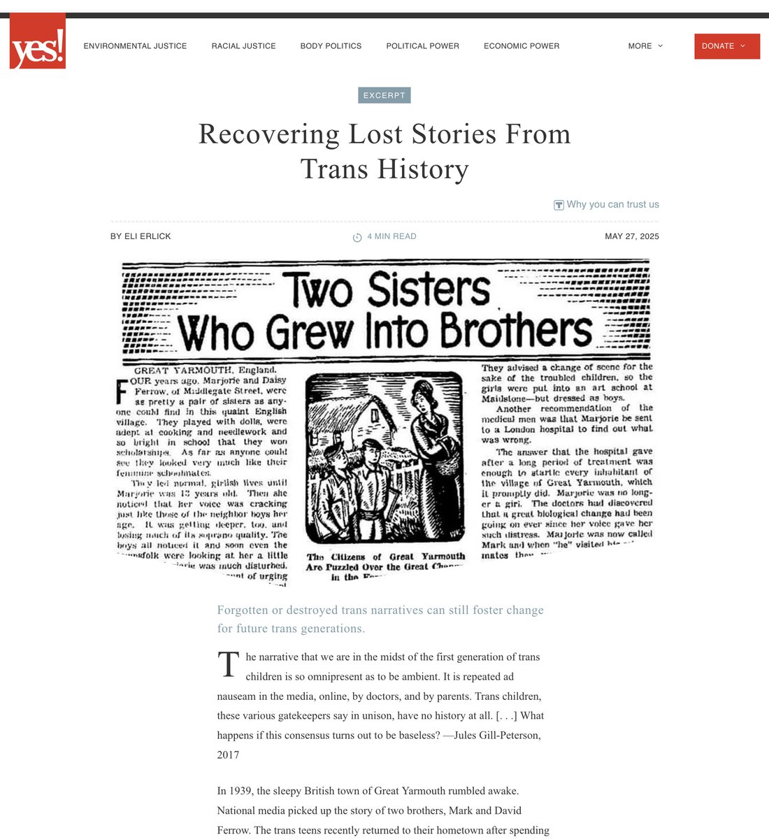 EliErlick's tweet image. Did you know that trans teens had access to hormones in the 1930s? Mark & David Ferrow, 17 & 15 years old trans brothers, are the first known minors to obtain HRT. Trans youth are nothing new. Neither are their medical transitions.
Read their full story: yesmagazine.org/body-politics/…