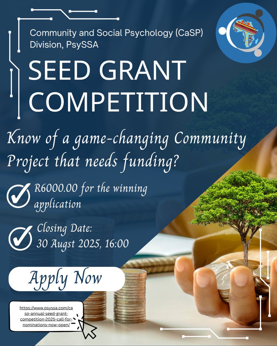 PsySSA_'s tweet image. 🌱 The 2025 CaSP Seed Grant is now open!
Nominate a non-profit advancing psychosocial well-being through community psychology.
💰 Up to R6,000
📅 Deadline: 30 Aug 2025
🔗 psyssa.com/casp-annual-se…
✉️ casp@psyssa.com
#CommunityPsychology #SeedGrant @CPsyssa