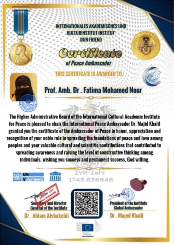 makeen_pwd's tweet image. يتقدم رئيس وأعضاء مجلس إدارة ومنسوبي #مكّن الخيرية لتأهيل وتوظيف الأشخاص ذوي الإعاقة بأسمى آيات التهاني والتبريكات صانعة الارادة أ.فاطمة نور @Shebo124 ثقة المجلس الإداري الأعلى للمعهد الثقافي الأكاديمي الدولي للسلام لمنحها شهادة سفير السلام