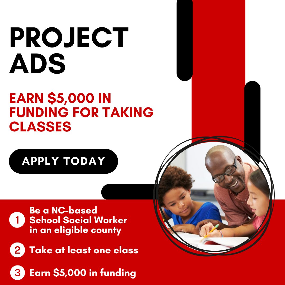 Do you work as a School Social Worker in a rural county in NC? Join us for Project ADS!

It provides $5K in funding to school social work students employed or completing their practicum in a school setting in eligible counties. More info here: go.ncsu.edu/bqpcpod