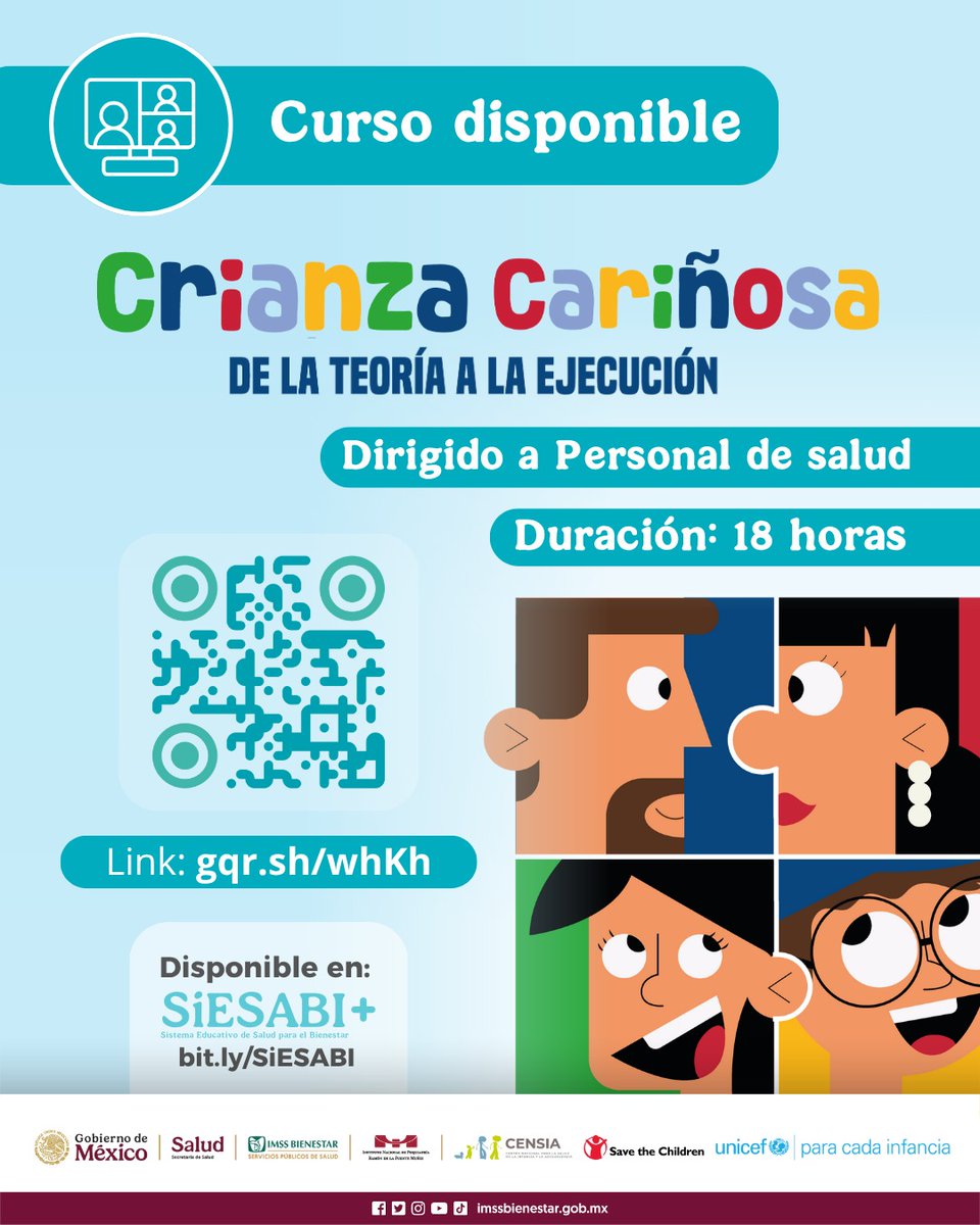 UNICEFMexico's tweet image. 🧩 Reconocer que una crianza cariñosa es clave para la garantía del derecho a la salud de niñas, niños y adolescentes.
Invitamos al personal de salud al curso: "Crianza Cariñosa: de la teoría a la ejecución".
Date de alta en @SIESABI_ y accede al curso: gqr.sh/whKh