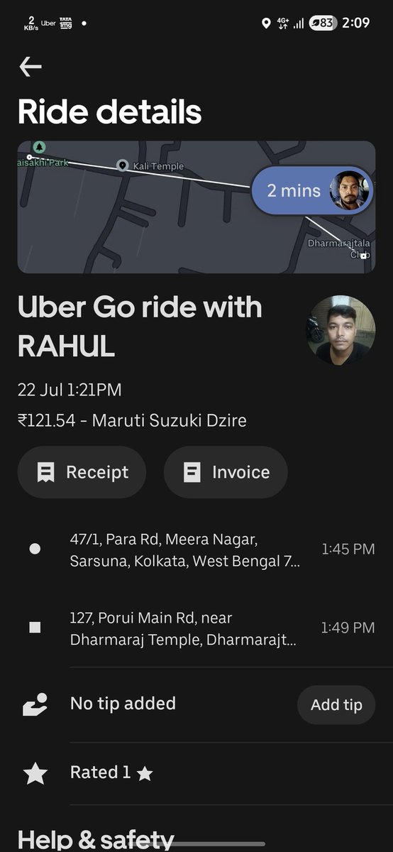 Bantidas78's tweet photo. Driver stranded us 1km from our home and forced us out of his car saying if we dont pay ₹500 he won't take us to Howrah Station even though I had paid online. Missed my train and paid 121.54 Rs for this (out of which 70Rs was a Compensation Coupon from a prev case)@Uber_India https://t.co/YIUv1MikKJ
