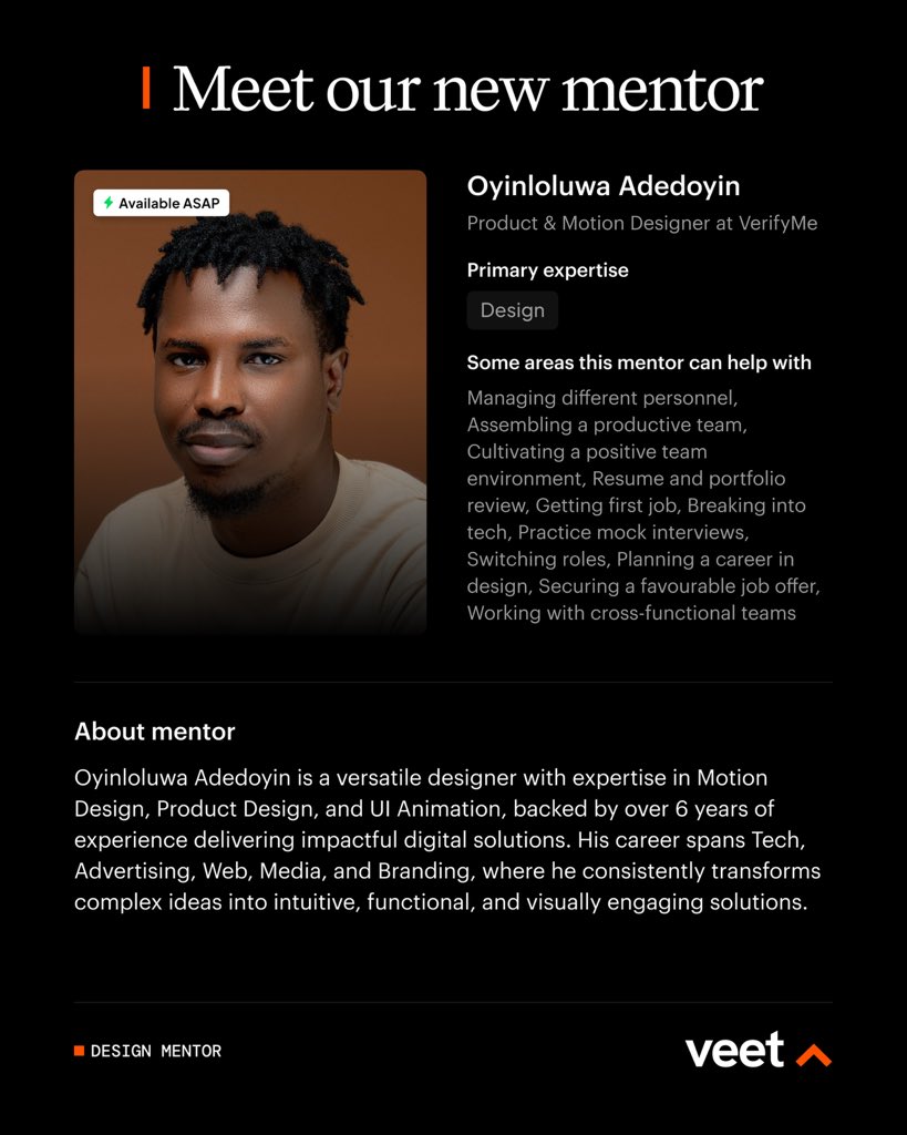joinveet's tweet image. Meet our new mentor on Veet!
Oyinloluwa Adedoyin | Product Designer
With 6+ years of experience, @Oyinloluuwa crafts impactful digital solutions across tech, media & branding.
🎯 Book a session: joinveet.com/mentor/oyinlol…
#ProductDesign #MotionDesign #TechMentor