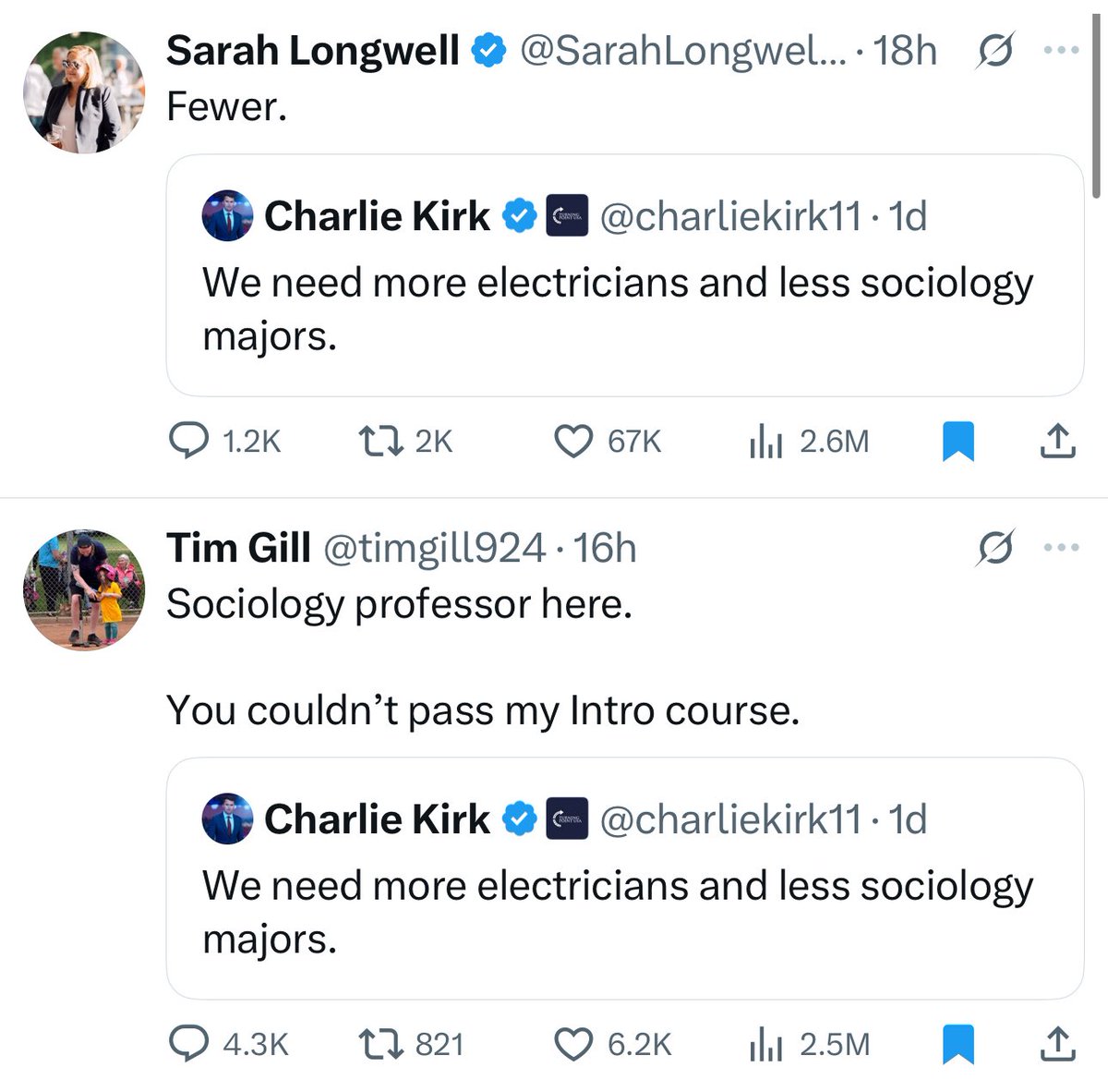WCSocQuotes's tweet image. I don’t agree with Charlie Kirk on much, so this is not a defence of him! But, these two tweets represent what is wrong with the majority of sociologists. 

A superiority complex over those with less formal education and utterly dismissive of anyone who disagrees with them.