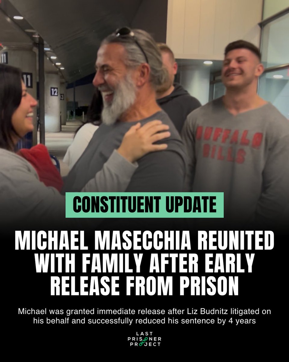 lastprisonerprj's tweet image. In May, LPP Lead Counsel Liz Budnitz helped secure the early release of Michael Masecchia. Now, we’re thrilled to share this moment where he happily reunited with his family!
Liz was able to win Michael’s freedom by calling attention to the lack of medical treatment available…