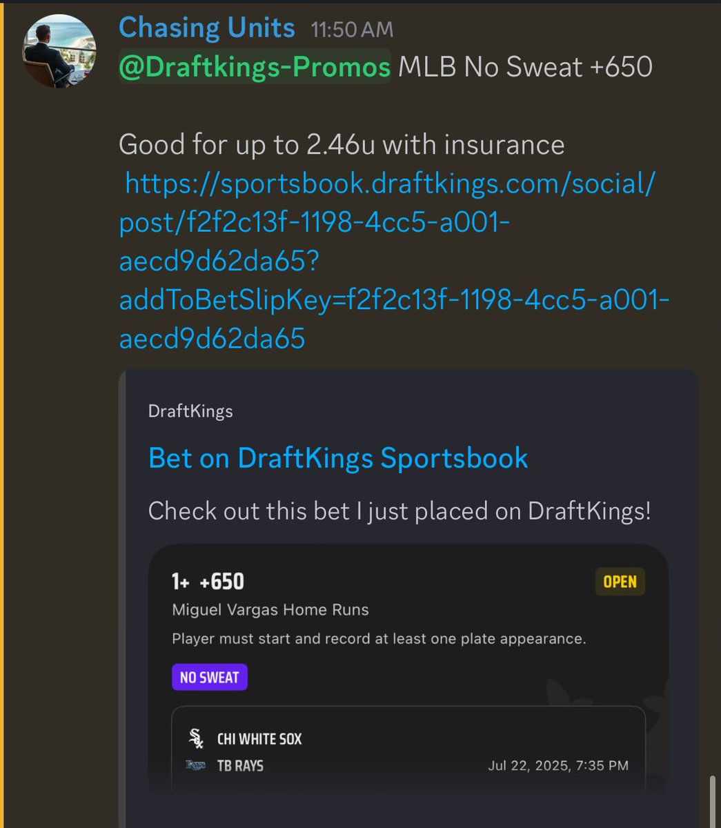 ChasingUnits_'s tweet image. DraftKings MLB No Sweat: Vargas HR +650