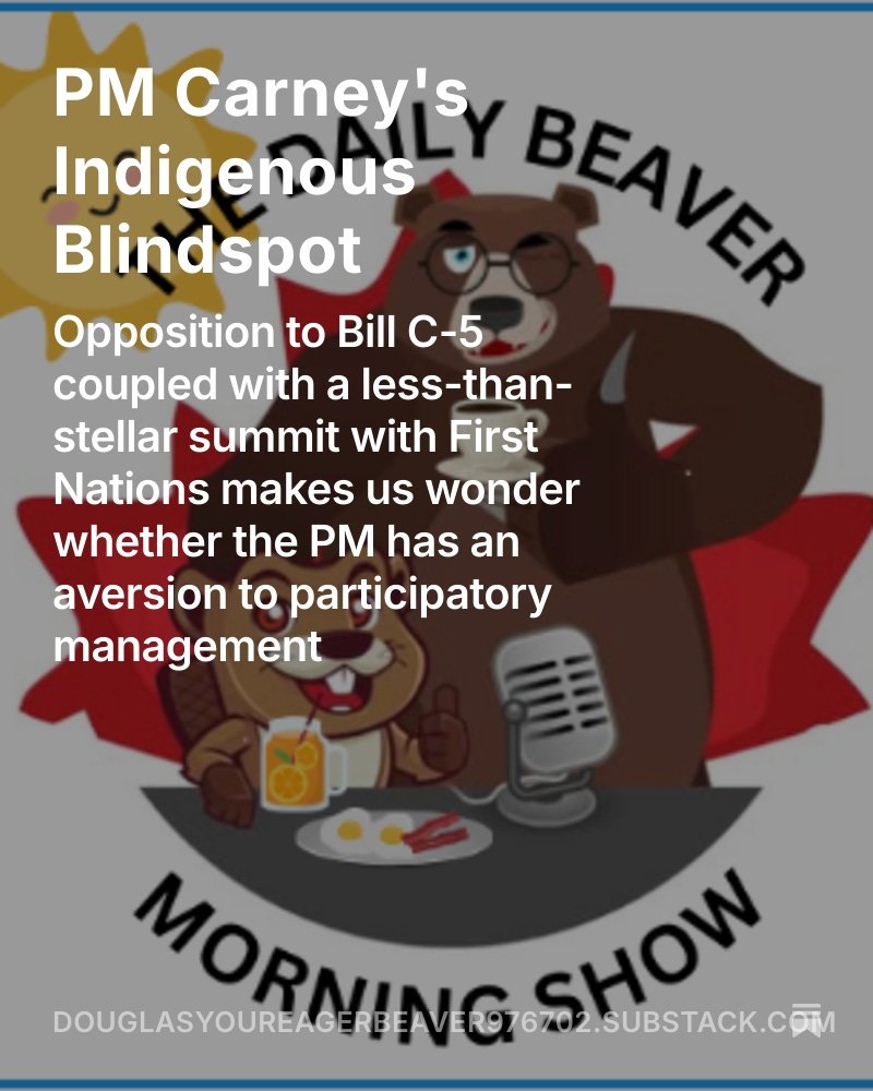 calmecam's tweet image. 📢Extra! Extra!
Read all about it📢
PM Carney's Indigenous Blindspot
📰Beaver Bites: A Daily Beaver Morning Show Editorial
2025.07.21📰
We wonder whether the PM has an aversion to participatory management
open.substack.com/pub/douglasyou…