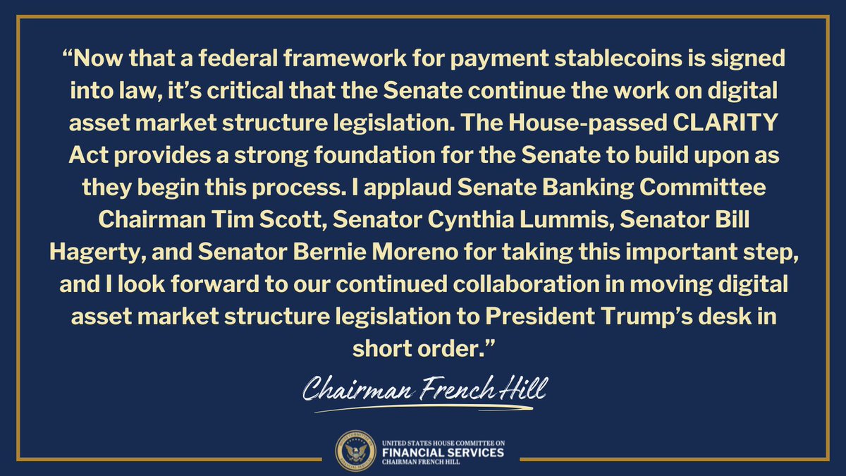 FinancialCmte's tweet image. 🚨NEW: Chairman @RepFrenchHill statement on the release of the Senate's digital asset market structure discussion draft.