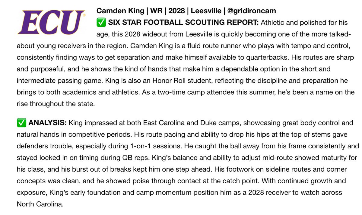 Camden King (@gridironcam) on Twitter photo Thank you <a href="/sixstarfootball/">Six Star Football | PLUS+</a> for the great write up <a href="/ECUPiratesFB/">ECU Football</a> Had a great time and appreciate the recognition! Excited for the season <a href="/pride_leesville/">Leesville Pride Football</a>
<a href="/CoachDHamilton/">Coach Darrell Hamilton</a> <a href="/BenKolstad/">Ben Kolstad</a> <a href="/Dyrell_Roberts/">Dyrell Roberts Sr.</a> <a href="/CoachFree1906/">Rodney Freeman II</a> <a href="/HunterMacKay_/">Hunter MacKay</a> <a href="/coach_jdbaker/">John David Baker</a> <a href="/FBRecruitLRHS/">Leesville Rd High School Football Recruiting</a> Thank you <a href="/sixstarfootball/">Six Star Football | PLUS+</a> for the great write up <a href="/ECUPiratesFB/">ECU Football</a> Had a great time and appreciate the recognition! Excited for the season <a href="/pride_leesville/">Leesville Pride Football</a>
<a href="/CoachDHamilton/">Coach Darrell Hamilton</a> <a href="/BenKolstad/">Ben Kolstad</a> <a href="/Dyrell_Roberts/">Dyrell Roberts Sr.</a> <a href="/CoachFree1906/">Rodney Freeman II</a> <a href="/HunterMacKay_/">Hunter MacKay</a> <a href="/coach_jdbaker/">John David Baker</a> <a href="/FBRecruitLRHS/">Leesville Rd High School Football Recruiting</a>