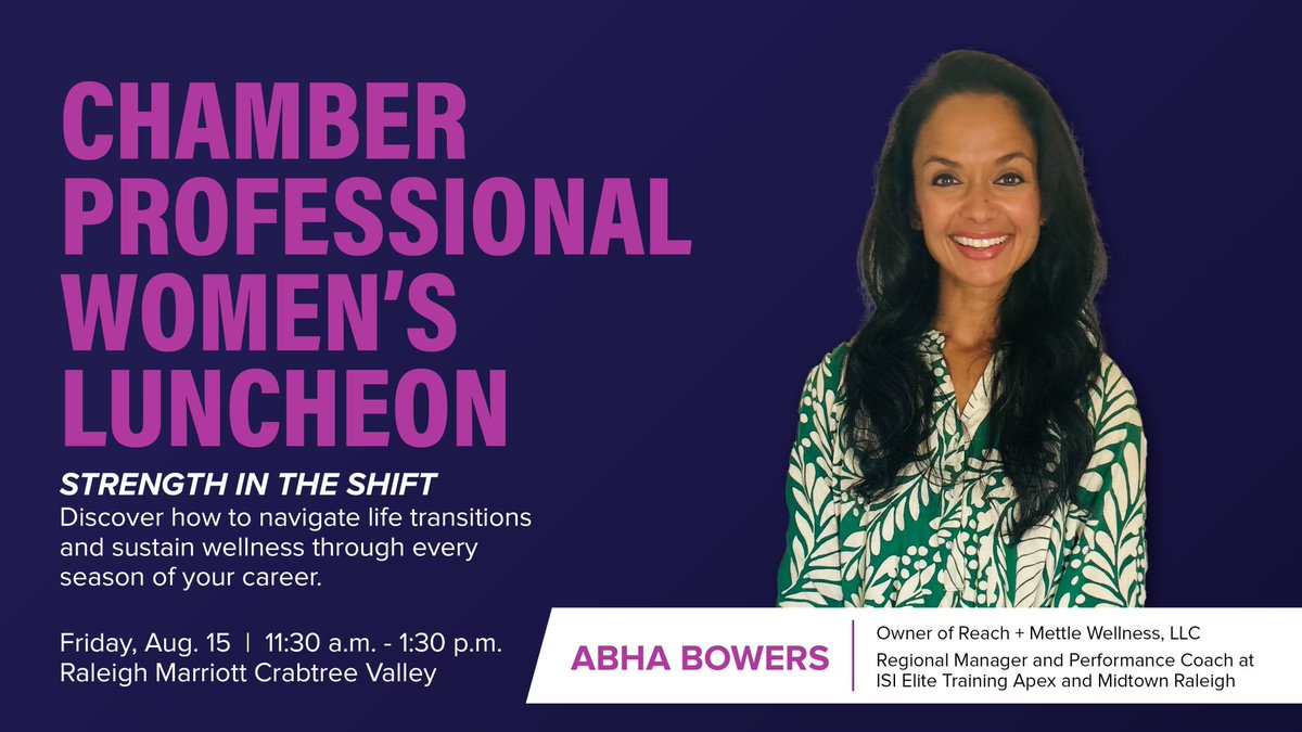 raleighchamber's tweet image. Abha says, "Join me on Friday, August 15th at 11:30am where I will share my path and hope to leave you with inspiration and actionable insights to keep you positively moving on your own journey!" You in for #RaleighCPW? Register today: bit.ly/4cAo32z