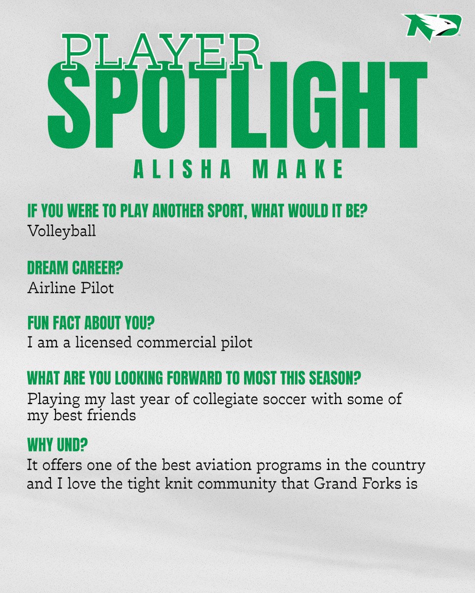 UNDsoccer's tweet photo. Get to know Alisha Maake✈️

Today's spotlight is our fifth-year senior⤵️

#UNDproud | #LGH https://t.co/Ewx7qCJXCT