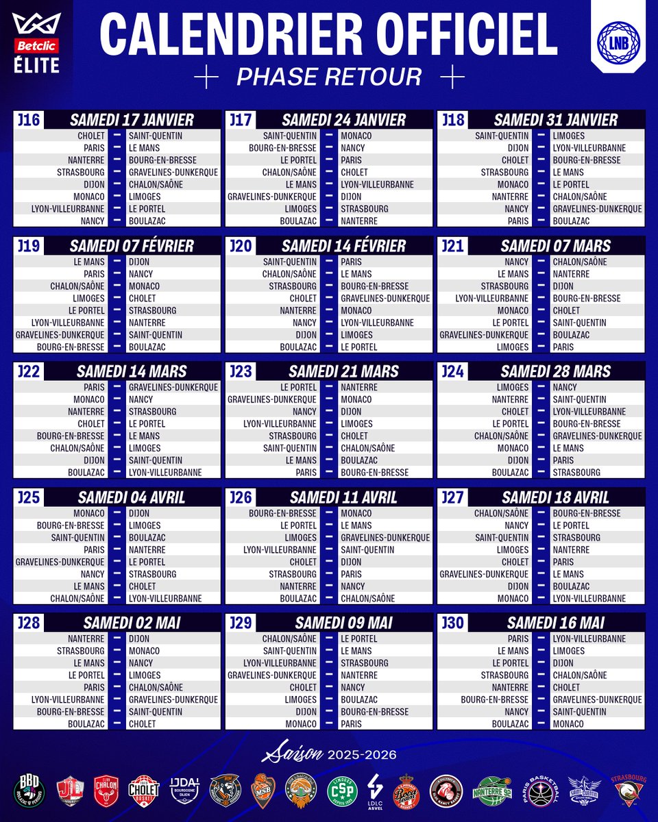 🗓️👑 LE CALENDRIER DE LA SAISON 2025-2026 EST DISPO !

RDV le week-end du 27 septembre pour la 1ère journée 🔥

#BetclicELITE