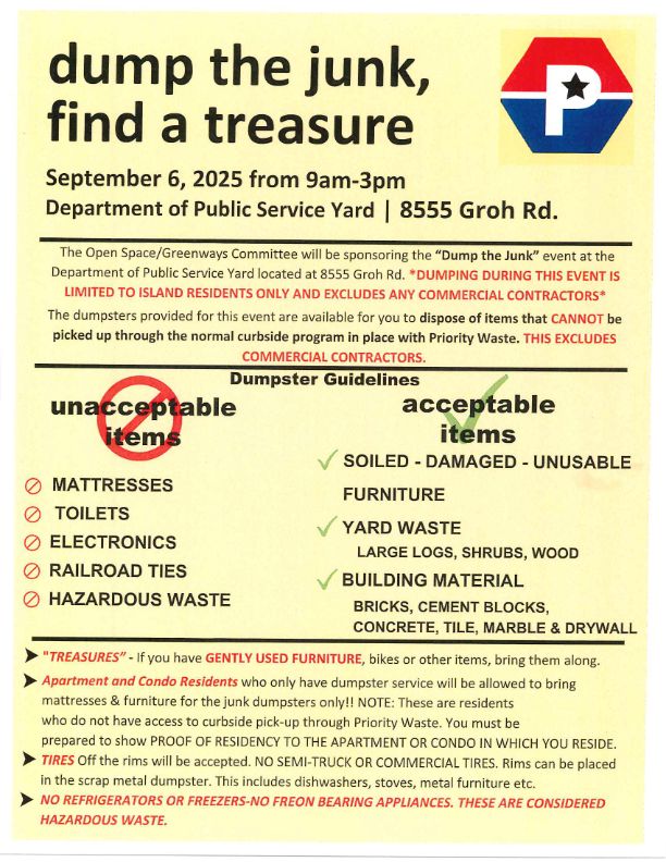 Dump the Junk, Find a Treasure
Saturday, September 6, 2025
9 AM to 3 PM
Department of Public Services Yard
8555 Groh Road