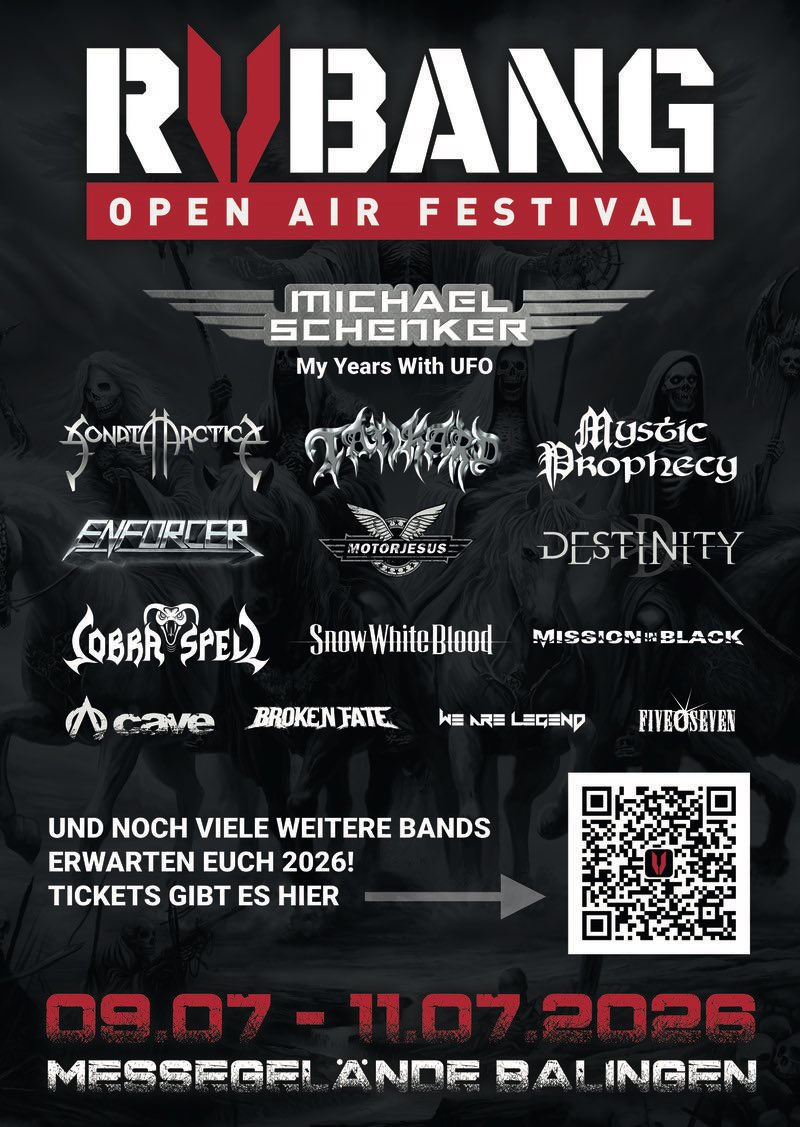 JUST ANNOUNCED! We look forward to seeing you next year RVBANG Open Air Festival 2026 

July 9 to July 11, 2026, Messegelande, Balingen, Germany!

Tickets on sale here - eventbrite.de/e/rvbang-festi…

#rvbangfestival #michaelschenker #myyearswithufo