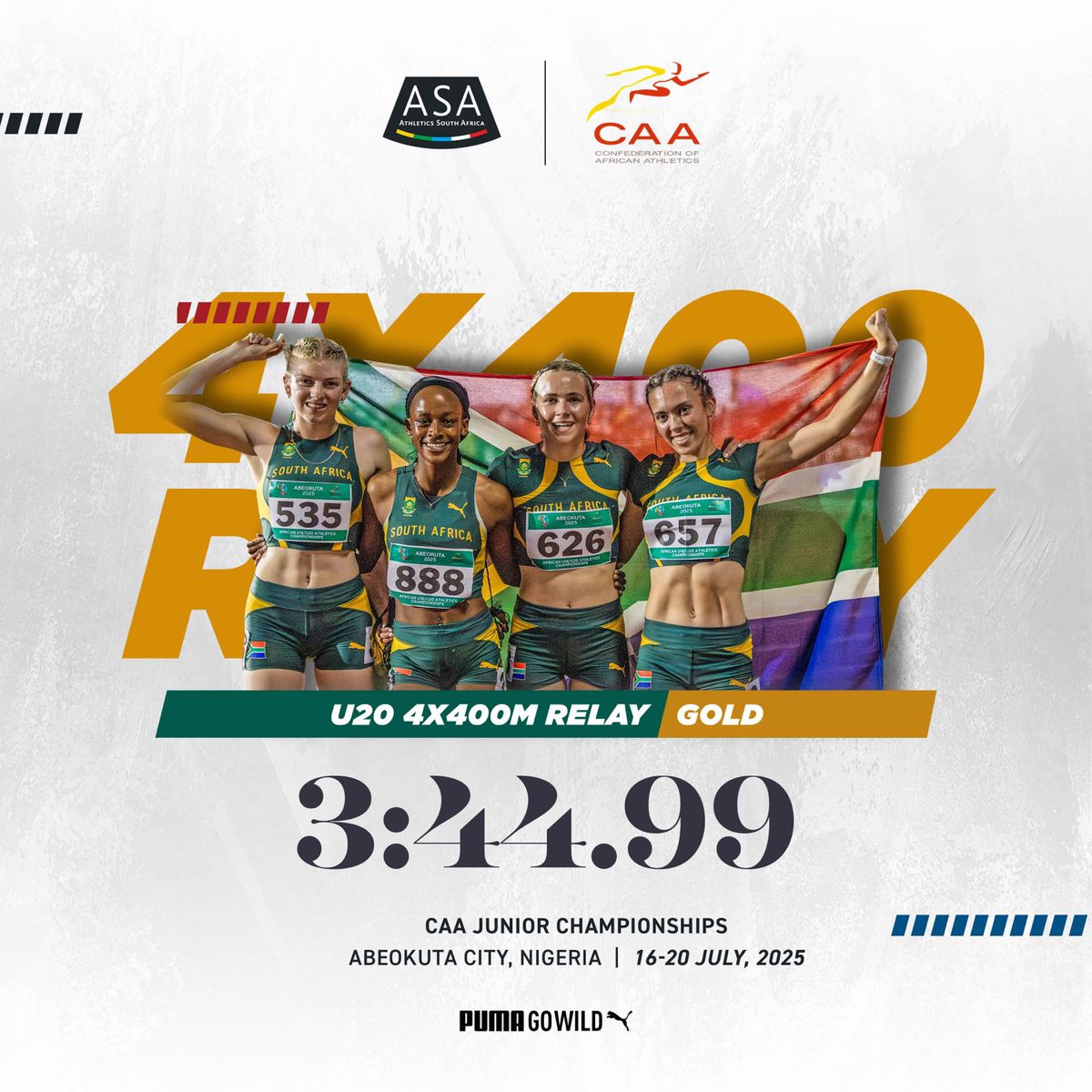 AthleticsSA_'s tweet image. This team 🔥😍
#U20s on fire
Gold medal for team 🇿🇦 in Nigeria
#CAAJuniorChampionships