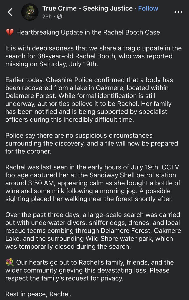 901Lulu's tweet image. Rachel Booth (38) was last seen in the early morning hours of July 19th. The Cheshire Police confirmed a body has been recovered that they believe to be hers.
So she went for a morning jog at 3:50am. Then stopped to buy a bottle of wine and some milk and headed toward the…