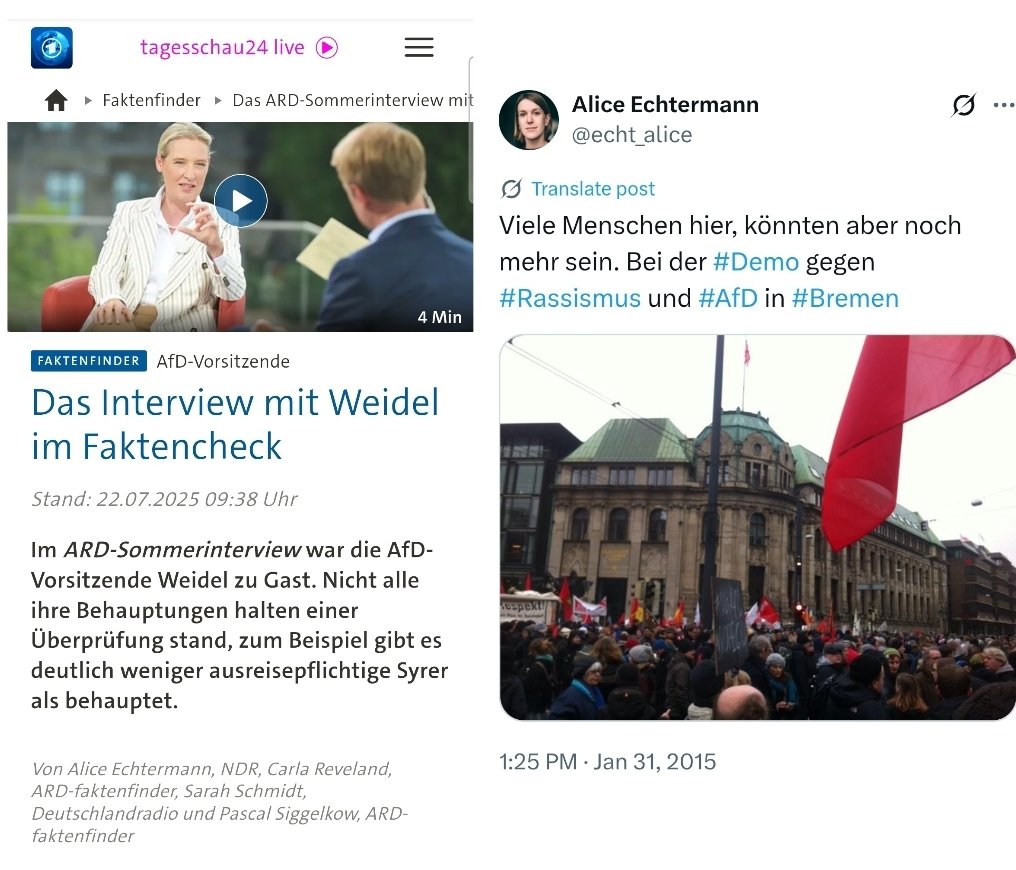 OERRBlog's tweet image. Alice Echtermann, Co-Autorin des Faktenfinder Artikels über das Sommerinterview mit Alice Weidel, beschwerte sich 2015, dass zu wenig Menschen in Bremen gegen die AFD demonstrierten. #OerrBlog