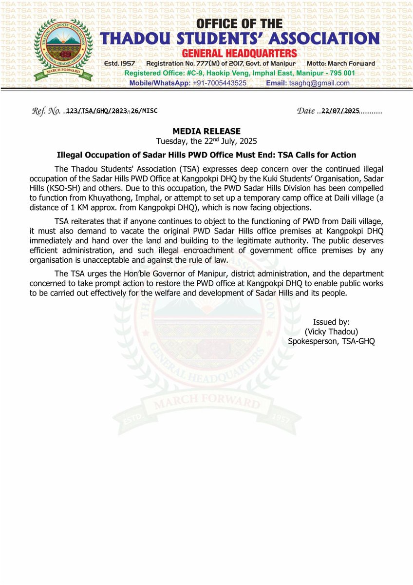 📍TSA Demands Action

Thadou Students' Assn (TSA) urges Manipur Governor &amp; authorities to end the illegal occupation of the Sadar Hills PWD office at Kangpokpi DHQ by KSO-SH &amp; others.
Calls for immediate restoration for public welfare. 🚨

#Kangpokpi #PublicOfficeEncroachment