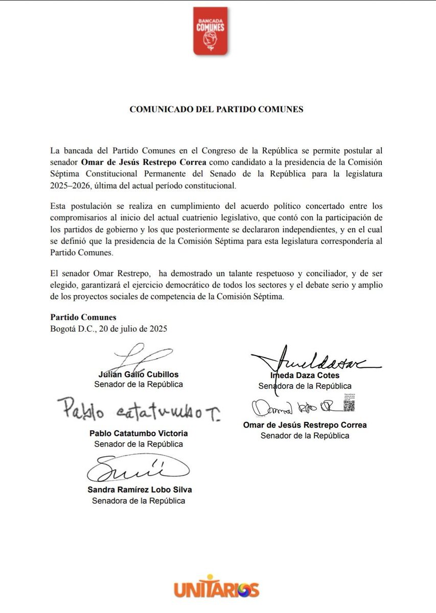 Julián Gallo (@jgallocomunes) on Twitter photo La bancada del Partido <a href="/ComunesCoL/">Partido COMUNES 🌹</a> postula al senador Omar Restrepo a la presidencia de la Comisión Séptima del Senado para la legislatura 2025–2026.
🔴 Seguiremos impulsando los derechos sociales con seriedad y compromiso.
#ComisiónSéptima #Congreso #UnidadPorLaPaz #Comunes La bancada del Partido <a href="/ComunesCoL/">Partido COMUNES 🌹</a> postula al senador Omar Restrepo a la presidencia de la Comisión Séptima del Senado para la legislatura 2025–2026.
🔴 Seguiremos impulsando los derechos sociales con seriedad y compromiso.
#ComisiónSéptima #Congreso #UnidadPorLaPaz #Comunes