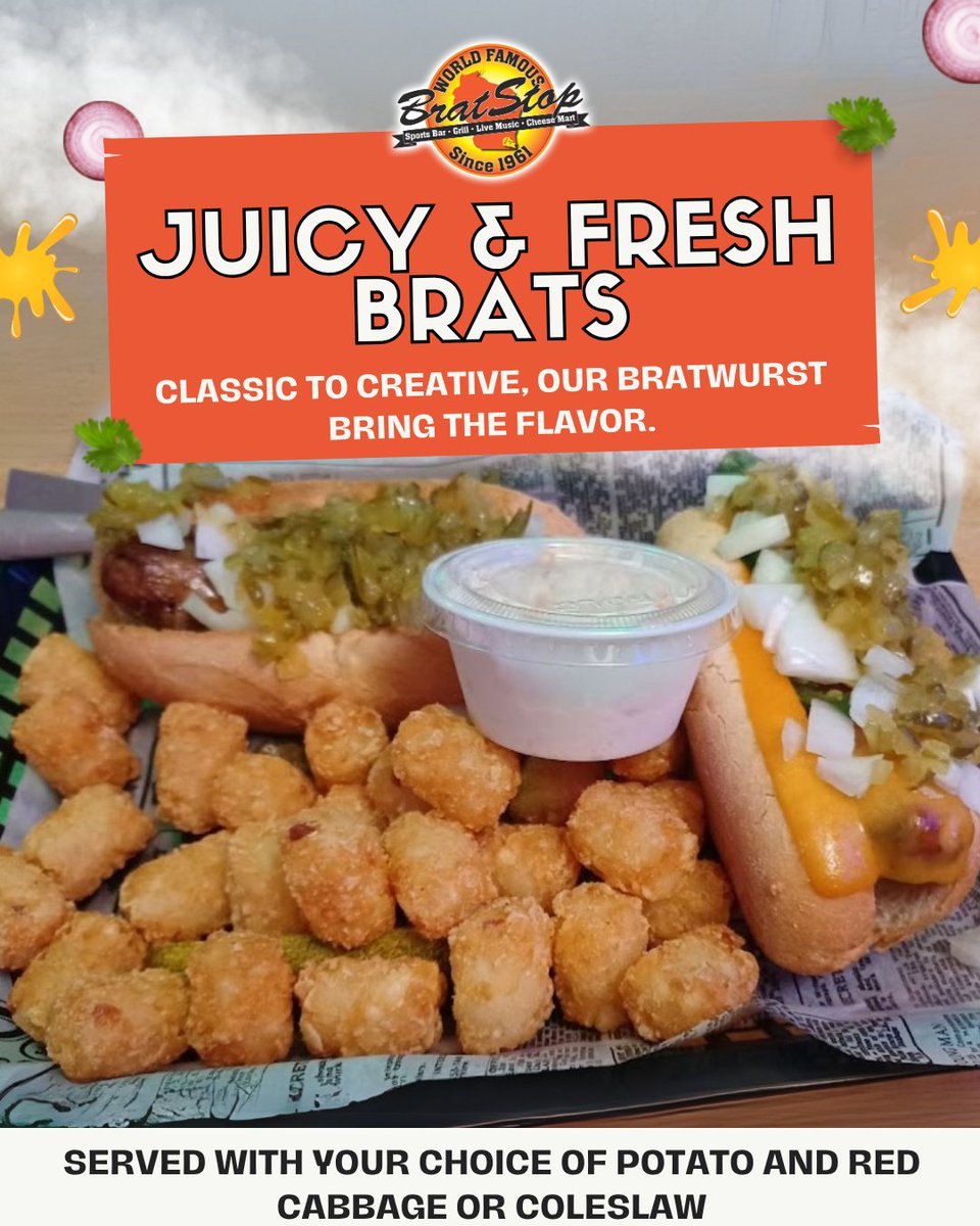 TheBratStop's tweet photo. 🌭 Home of the World Famous Brat!
Grilled to perfection &amp; packed with flavor — it's not The Brat Stop without a brat!
#BratStop #WisconsinEats #BratLife #KenoshaGrub https://t.co/CbPbOGnYzf