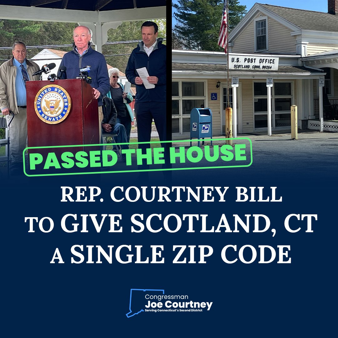 RepJoeCourtney's tweet image. Great news. My bill to mandate a single ZIP Code for Scotland has passed the House. Scotland residents face the serious consequences of having six ZIP Codes for a town of less than 1,600 people. It’s an inexcusable man-made issue that screams out for Congress to deliver a…