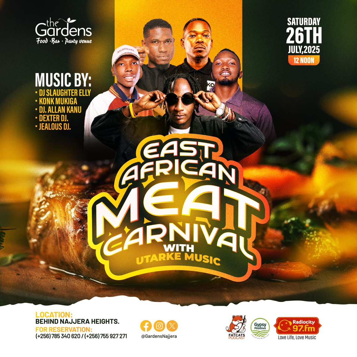 davidbalinda4's tweet image. 🔥 Meat meets Music!
The #EastAfricanMeatCarnival is back this Saturday, July 26th at @GardensNajjera 🍖🎶
🎧 DJs: SlaughterElly | @konkmukiga | Allan Kanu | Dexter DJ | Jealous DJ
🕛 From 12 Noon | 📍Behind Najjera Heights
#UtarKeMusic