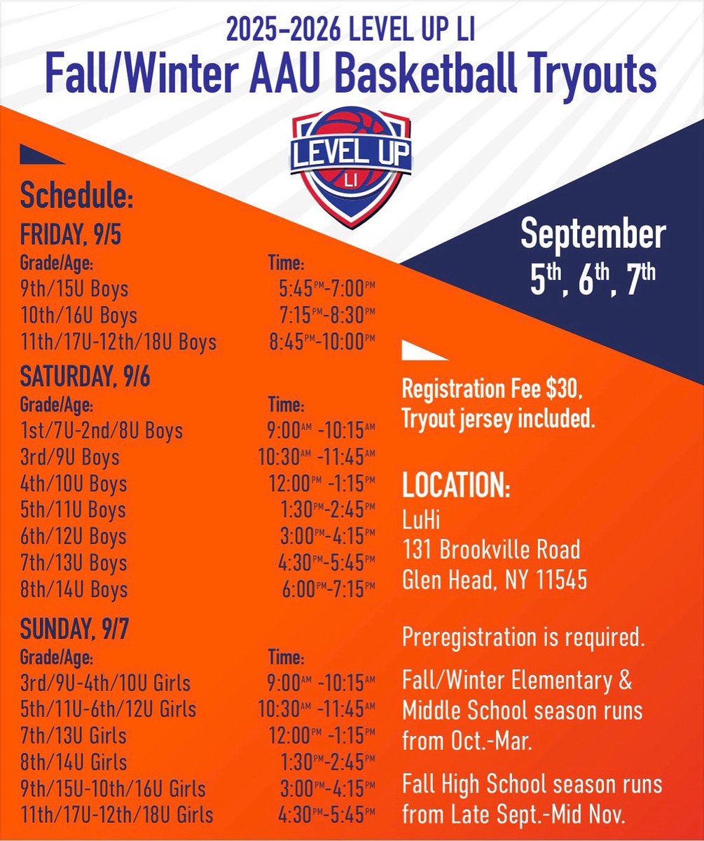 levelup_li's tweet image. 🚨🚨SAVE THE DATE🚨🚨
On 9/5, 9/6 & 9/7 we will be hosting our heavily anticipated ‘25-‘26 Fall/Winter AAU Basketball Tryouts!
Tryouts will be for ALL returning & new players.
Level Up Your Game with one of the hottest programs that continues to take the AAU world by storm.