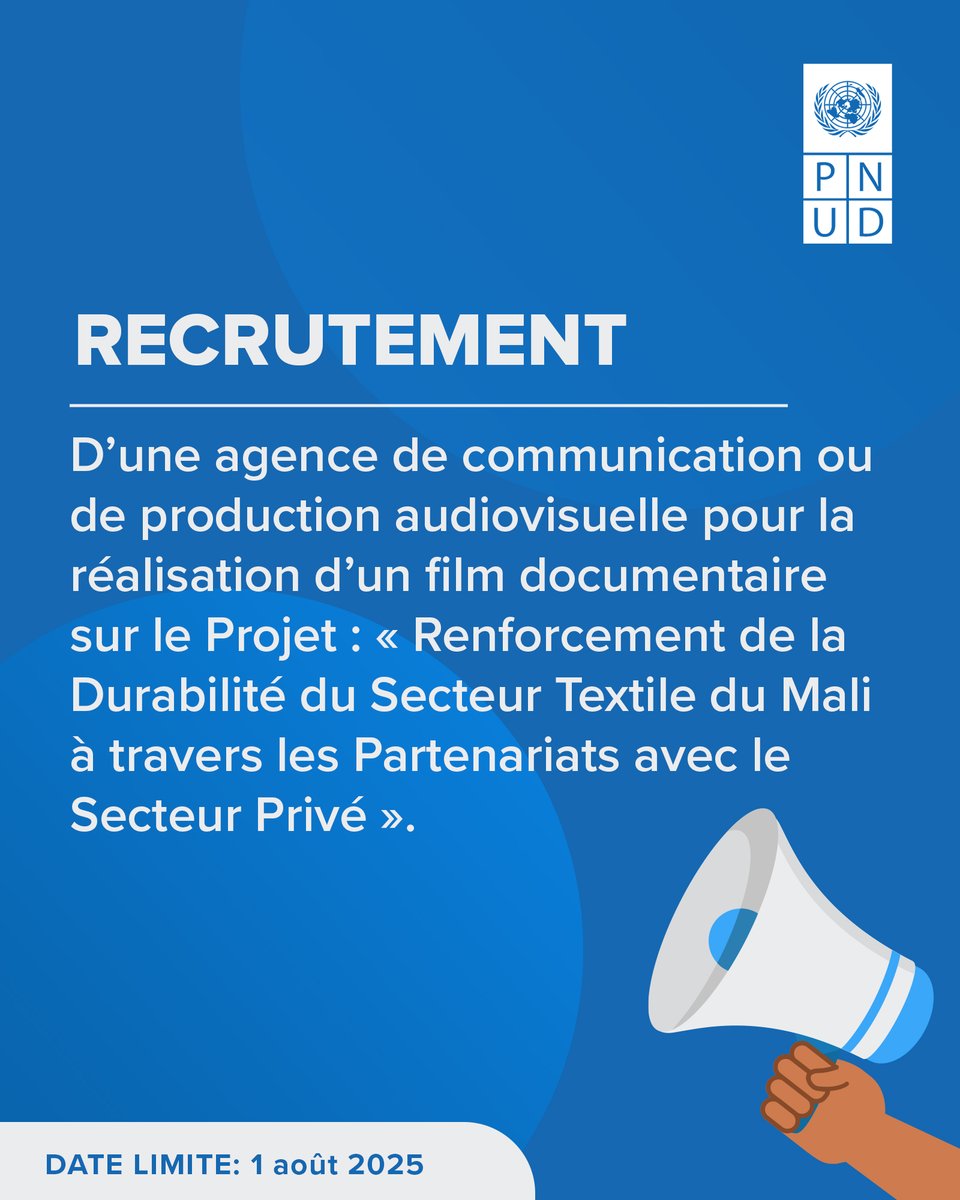 PNUDMALI's tweet image. Le @PNUDMALI recrute une agence de communication ou de production audiovisuelle 🎬 pour la réalisation d’un 🎥 film documentaire.
📌: 🇲🇱
📅: 1 août 2025
Postulez ici 👉: procurement-notices.undp.org/view_negotiati…