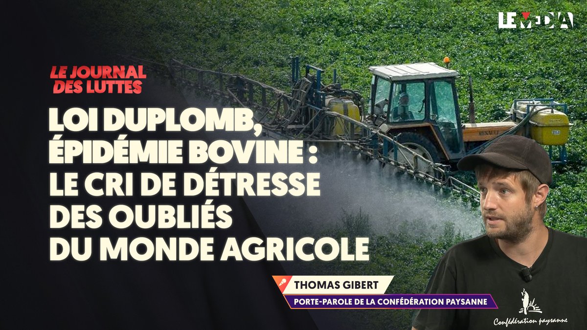LeMediaTV's tweet image. LOI DUPLOMB, ÉPIDÉMIE BOVINE : LE CRI DE DÉTRESSE DES OUBLIÉS DU MONDE AGRICOLE
Porte-parole de la @ConfPaysanne , Thomas Gibert est l'invité de @JustSeeReal dans l'entretien du Journal des Luttes.
➡️lemediatv.fr/emissions/2025…