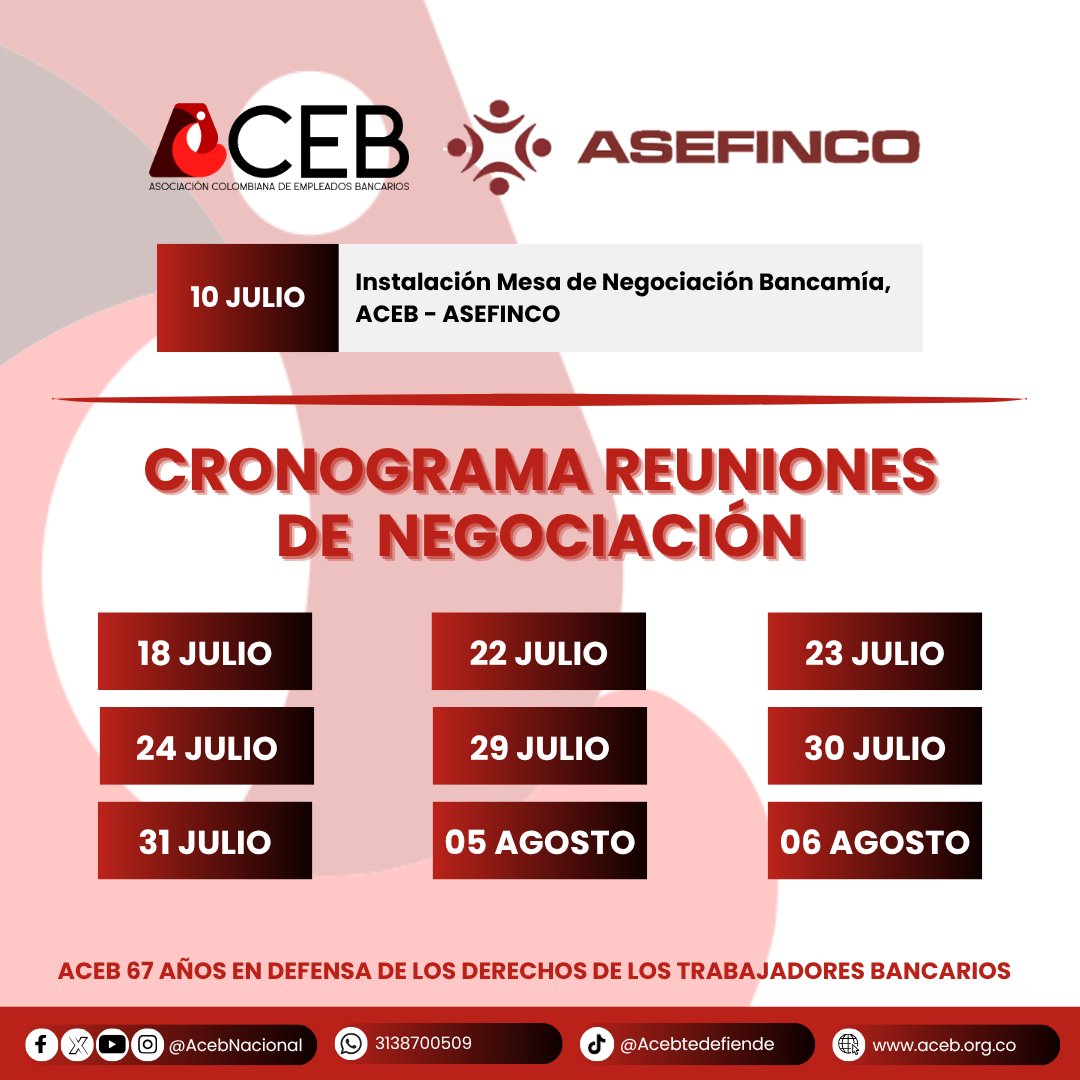 El 10 de julio, Bancamía, ACEB y <a href="/ASEFINCO/">ASEFINCO</a> instalaron formalmente la mesa de negociación, donde se discutirá el pliego de peticiones de los trabajadores. 
Se fijaron las fechas para las reuniones de negociación en donde seguiremos defendiendo los derechos de los trabajadores.