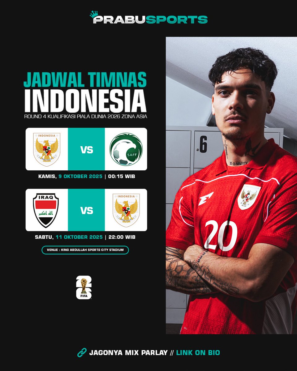 prabusportsofc's tweet photo. 🔥 Jadwal Timnas Indonesia di Round 4 Kualifikasi Piala Dunia 2026! 🇮🇩
Lawan berat menanti: Arab Saudi &amp; Irak!
Tapi Garuda tak gentar—karena mimpi tampil di Piala Dunia semakin dekat! 🌍⚽
 Yakin Indonesia bisa lolos? Tulis prediksimu! https://t.co/EDnHlEQy18