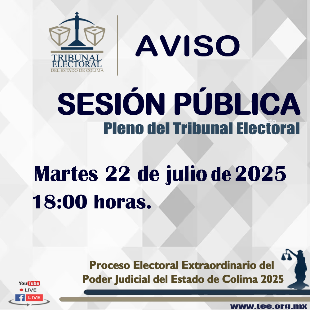 🔷🔹 Síguenos en la transmisión #𝑬𝒏𝑽𝒊𝒗𝒐 de la ⚖️ sesión pública que celebrará el pleno del #TEE, por medio de nuestras redes sociales:

▶️Facebook: facebook.com/TEEColima/
▶️YouTube: youtube.com/@tribunalelect…

tee.org.mx/data/AS_22JULI…