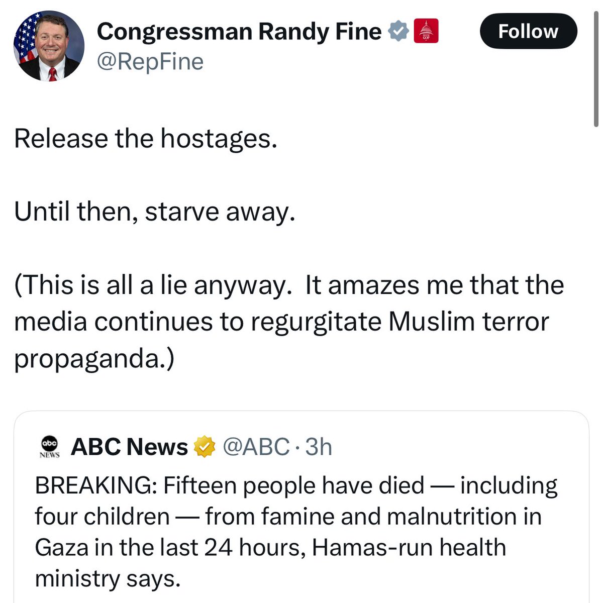 samuelwockhardt's tweet image. I wonder how many starving Gazans Randy Fine’s 900 pound body could feed