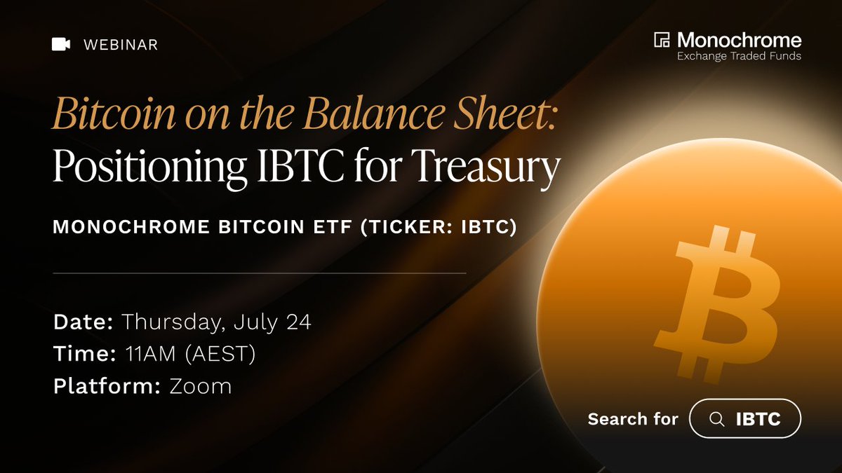 MonochromeAsset's tweet image. Submit your questions for Bitcoin on the Balance Sheet: Positioning IBTC for Treasury, a webinar on how the Monochrome Bitcoin ETF (IBTC) bridges on-chain #Bitcoin with traditional finance.
Register now:
🔗us06web.zoom.us/webinar/regist…