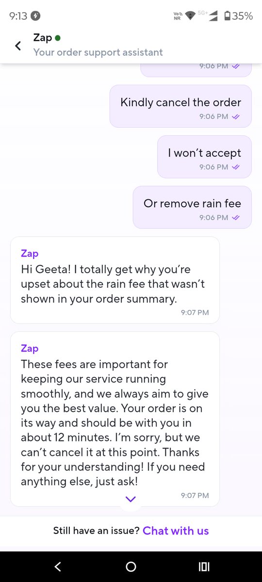 kaniik's tweet photo. There has been no rain in the area since 6 Hrs and @ZeptoNow  has added a rain fee just after placing the order.

 Interestingly they're accepting that they've added this rain fee after placing the order.

PS: I've carefully reviewed the order summary and there was no rain fee. https://t.co/Rl9EunoHMI