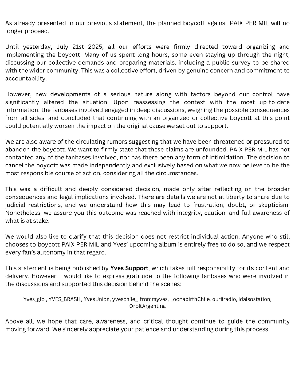yvesupport's tweet image. Given the concerns raised after the first statement, I decided to step forward and share a new one with more context about the boycott's cancellation. Still, there are many things we're unable to share publicly, so I kindly ask for your understanding.
