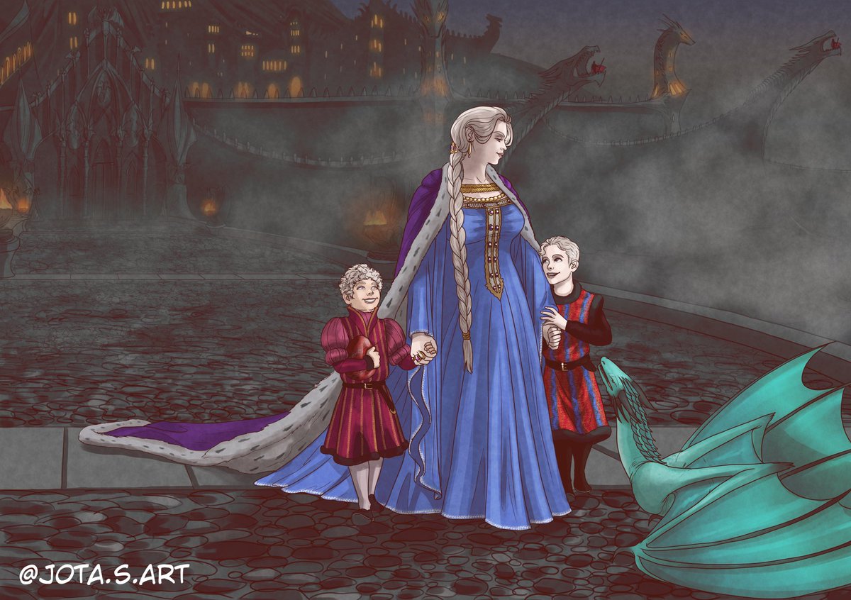 TargaryenArryn's tweet image. Part 2 of the this series! I can’t really name the series without giving the finale away (the next and final part).
The first part showed art of Daemon Targaryen while this one shows Rhaenyra and their sons, Aegon III and Viserys II. The next piece will bring this all together…